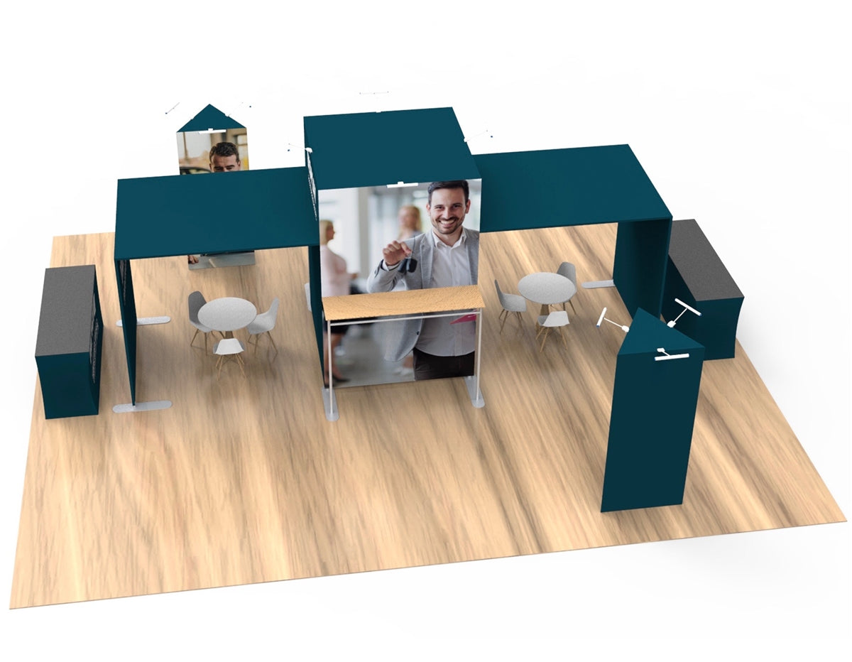 20x20 Waveline Island Tension Fabric Display with Tower and Waterfalls Brackets