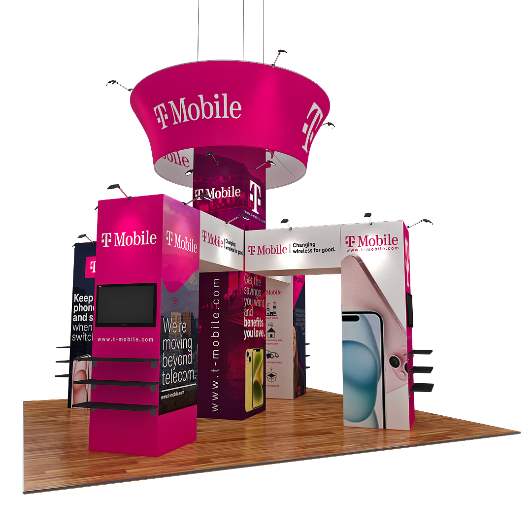 20x20 Waveline Island Tension Fabric Display with Tower and Waterfalls Brackets