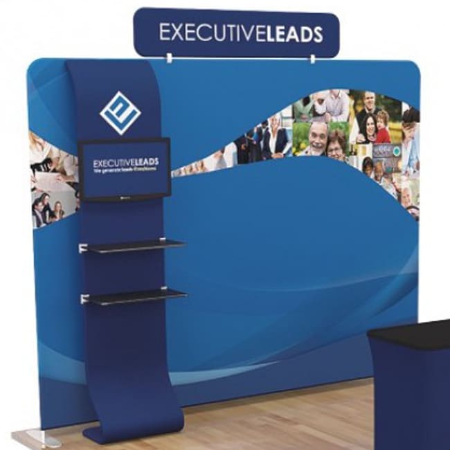 10FT FLAT TENSION FABRIC DISPLAY WITH HEADER AND SHELVING