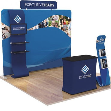 10FT FLAT TENSION FABRIC DISPLAY WITH HEADER AND SHELVING